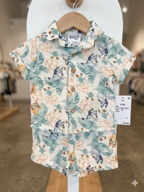 NEW Baby Boys 2pc Bluey Gauze Button-up Top & Shorts Outfit Set - Sz 0-3 Month